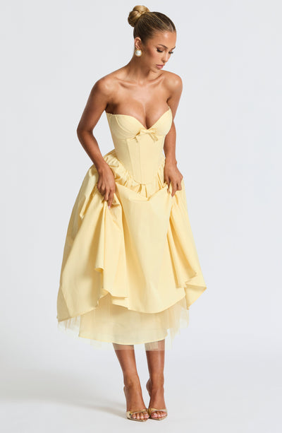 Women’s Strapless Dress - Sweetheart Neckline - A-Line Midi - Fitted Corset Bodice