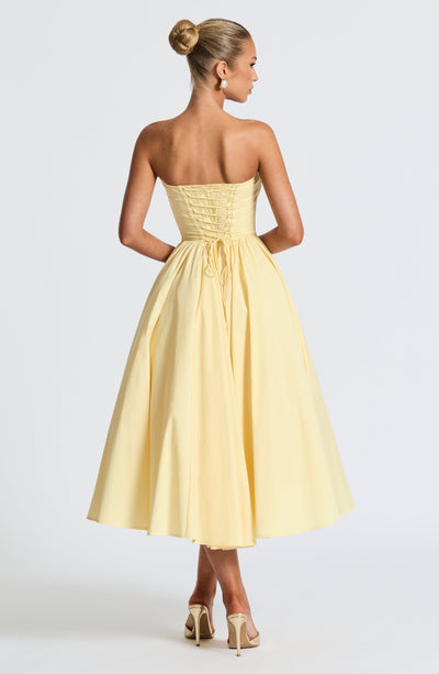 Women’s Strapless Dress - Sweetheart Neckline - A-Line Midi - Fitted Corset Bodice