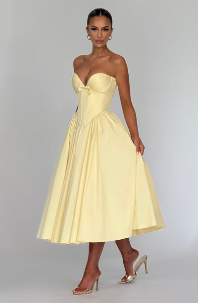 Women’s Strapless Dress - Sweetheart Neckline - A-Line Midi - Fitted Corset Bodice