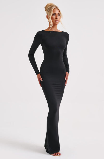Women's Maxi Dress - Bodycon Fit - Long Sleeve - Bateau Neck - Formal Elegant Style
