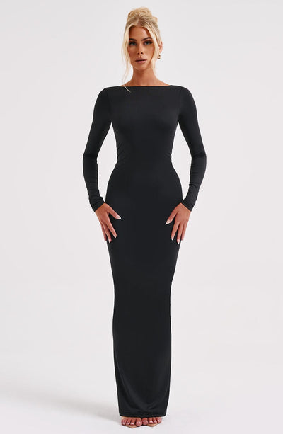 Women's Maxi Dress - Bodycon Fit - Long Sleeve - Bateau Neck - Formal Elegant Style