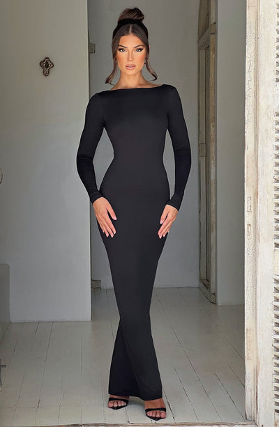 Women's Maxi Dress - Bodycon Fit - Long Sleeve - Bateau Neck - Formal Elegant Style