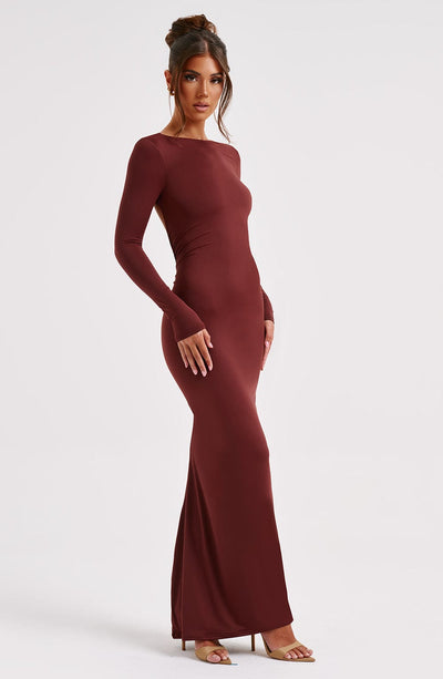 Women's Maxi Dress - Bodycon Fit - Long Sleeve - Bateau Neck - Formal Elegant Style