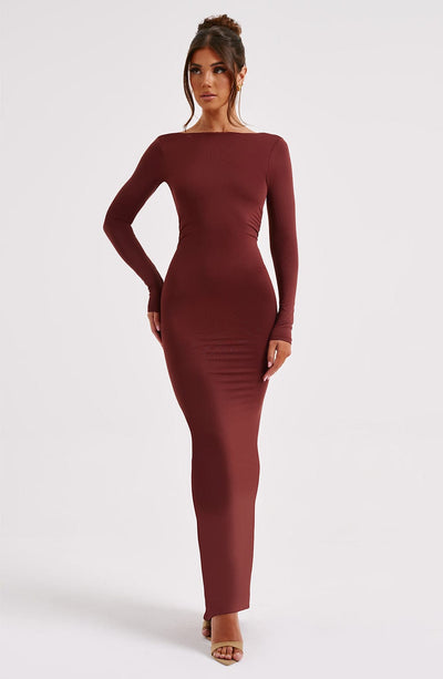 Women's Maxi Dress - Bodycon Fit - Long Sleeve - Bateau Neck - Formal Elegant Style