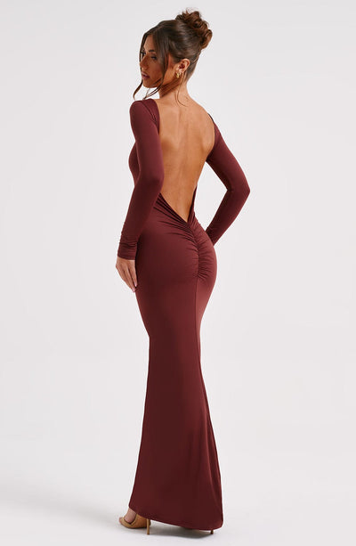 Women's Maxi Dress - Bodycon Fit - Long Sleeve - Bateau Neck - Formal Elegant Style