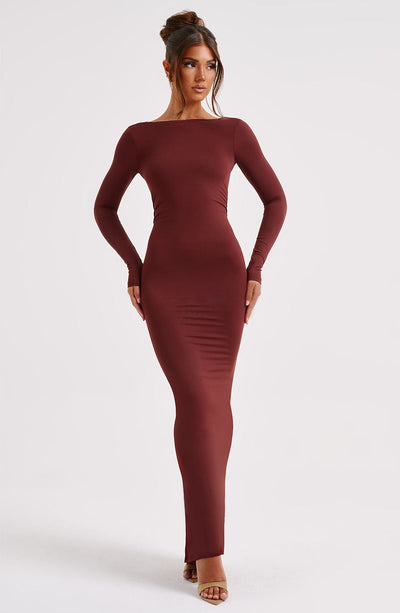Women's Maxi Dress - Bodycon Fit - Long Sleeve - Bateau Neck - Formal Elegant Style