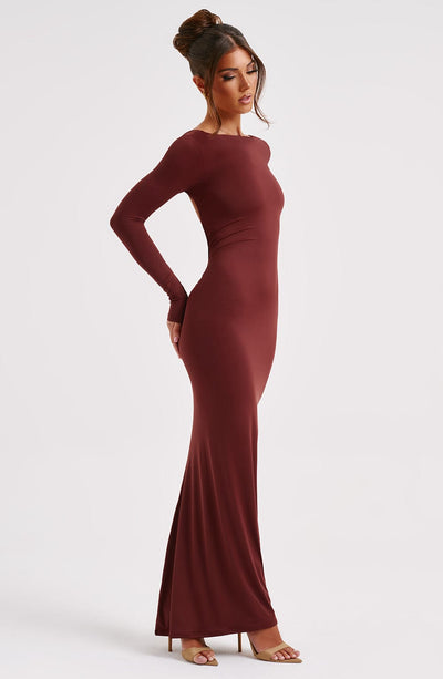 Women's Maxi Dress - Bodycon Fit - Long Sleeve - Bateau Neck - Formal Elegant Style