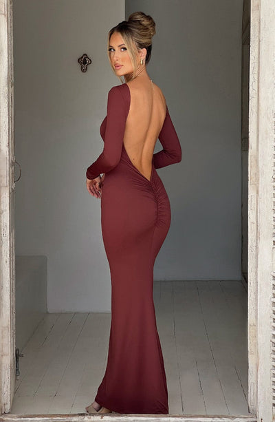Women's Maxi Dress - Bodycon Fit - Long Sleeve - Bateau Neck - Formal Elegant Style