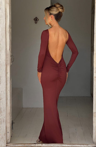 Women's Maxi Dress - Bodycon Fit - Long Sleeve - Bateau Neck - Formal Elegant Style
