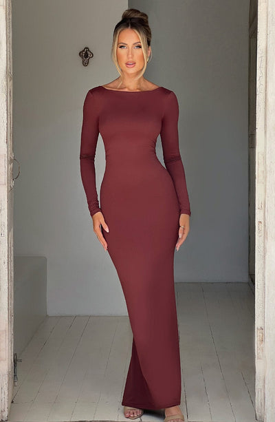 Women's Maxi Dress - Bodycon Fit - Long Sleeve - Bateau Neck - Formal Elegant Style
