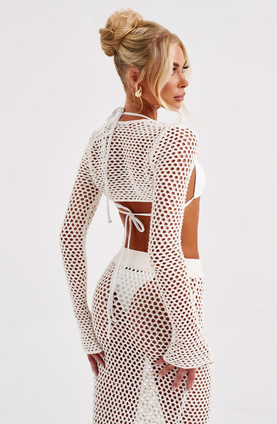 Women’s Crochet Beach Cover-Up Set – Long Sleeve Top – Maxi Skirt – Lightweight Knit