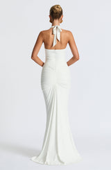 Women’s Evening Gown - Halter Neck - Plunging Neckline - Ruched Waist - Floor Length