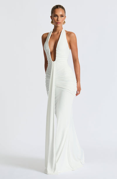 Women’s Evening Gown - Halter Neck - Plunging Neckline - Ruched Waist - Floor Length
