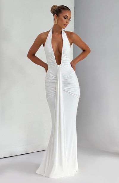 Women’s Evening Gown - Halter Neck - Plunging Neckline - Ruched Waist - Floor Length
