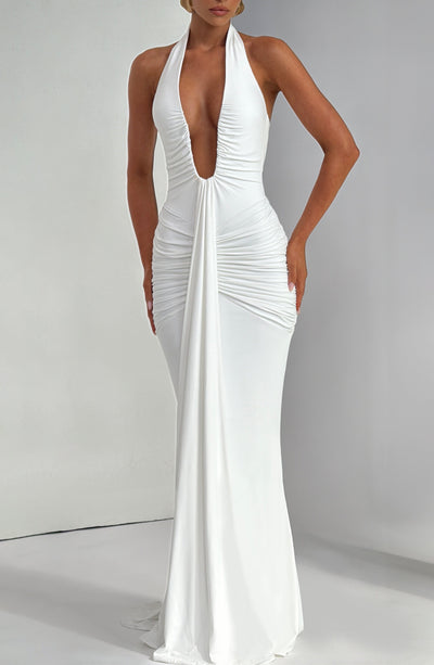 Women’s Evening Gown - Halter Neck - Plunging Neckline - Ruched Waist - Floor Length