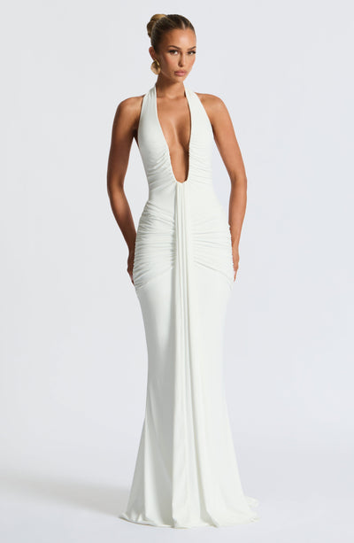 Women’s Evening Gown - Halter Neck - Plunging Neckline - Ruched Waist - Floor Length