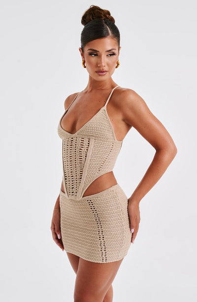 Women’s Crochet Mini Dress – Cut-Out Sides – Fitted Silhouette – V-Neck Spaghetti Strap