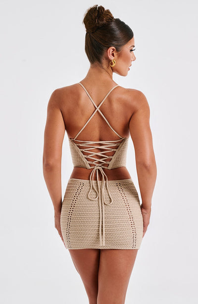 Women’s Crochet Mini Dress – Cut-Out Sides – Fitted Silhouette – V-Neck Spaghetti Strap