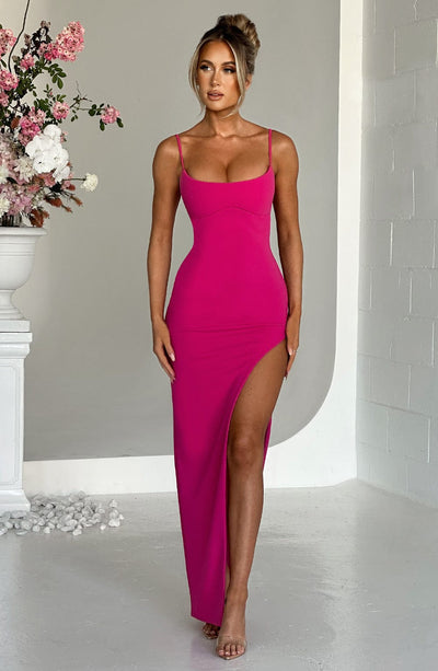 Women’s Evening Gown - Form-Fitting Silhouette - High Slit - Spaghetti Strap Formal Dress
