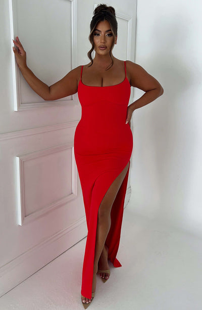 Women’s Evening Gown – Floor Length – Spaghetti Straps – High Slit – Scoop Neck – Slim Fit