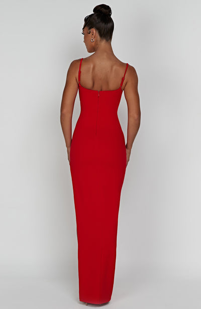Women’s Evening Gown – Floor Length – Spaghetti Straps – High Slit – Scoop Neck – Slim Fit
