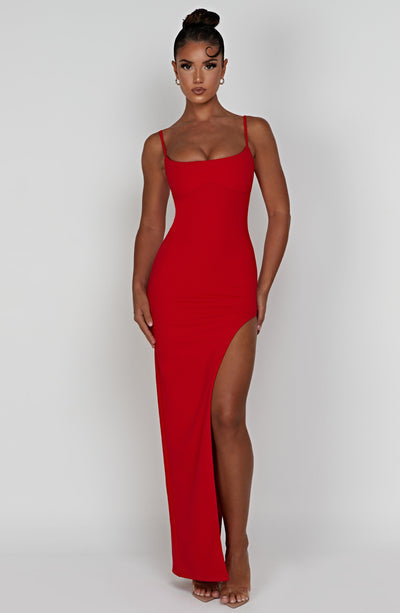 Women’s Evening Gown – Floor Length – Spaghetti Straps – High Slit – Scoop Neck – Slim Fit