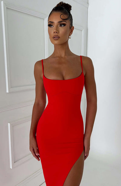 Women’s Evening Gown – Floor Length – Spaghetti Straps – High Slit – Scoop Neck – Slim Fit