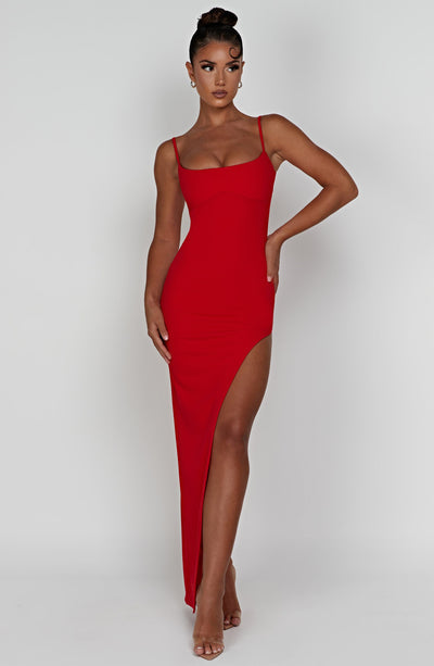 Women’s Evening Gown – Floor Length – Spaghetti Straps – High Slit – Scoop Neck – Slim Fit
