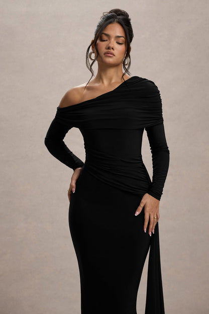 Women’s Evening Gown - One Shoulder - Long Sleeve - Draped Neckline - Fitted Silhouette