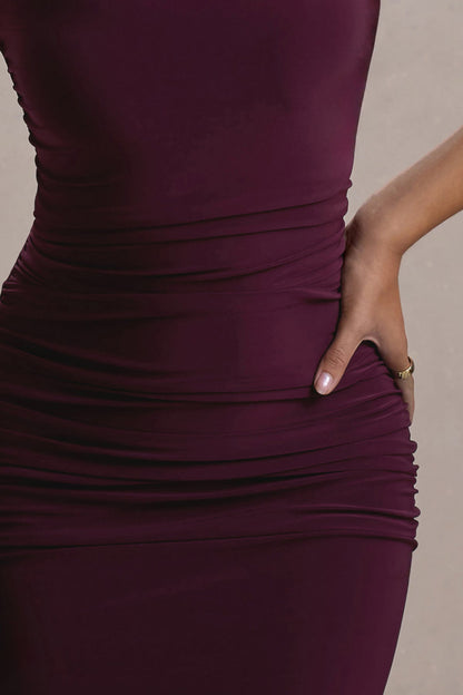 Women’s Evening Gown - One Shoulder - Ruched Fitted Silhouette - Floor Length Formal Wear