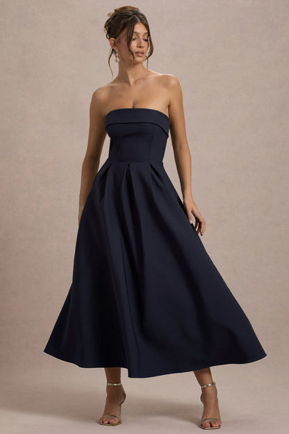 Women’s Strapless A-Line Dress – Fitted Bodice – Midi Length – Elegant Formal Wear