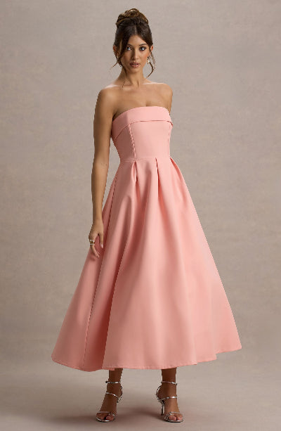 Women’s Strapless Evening Dress – Fit and Flare – Pleated Midi Skirt – Structured Bodice