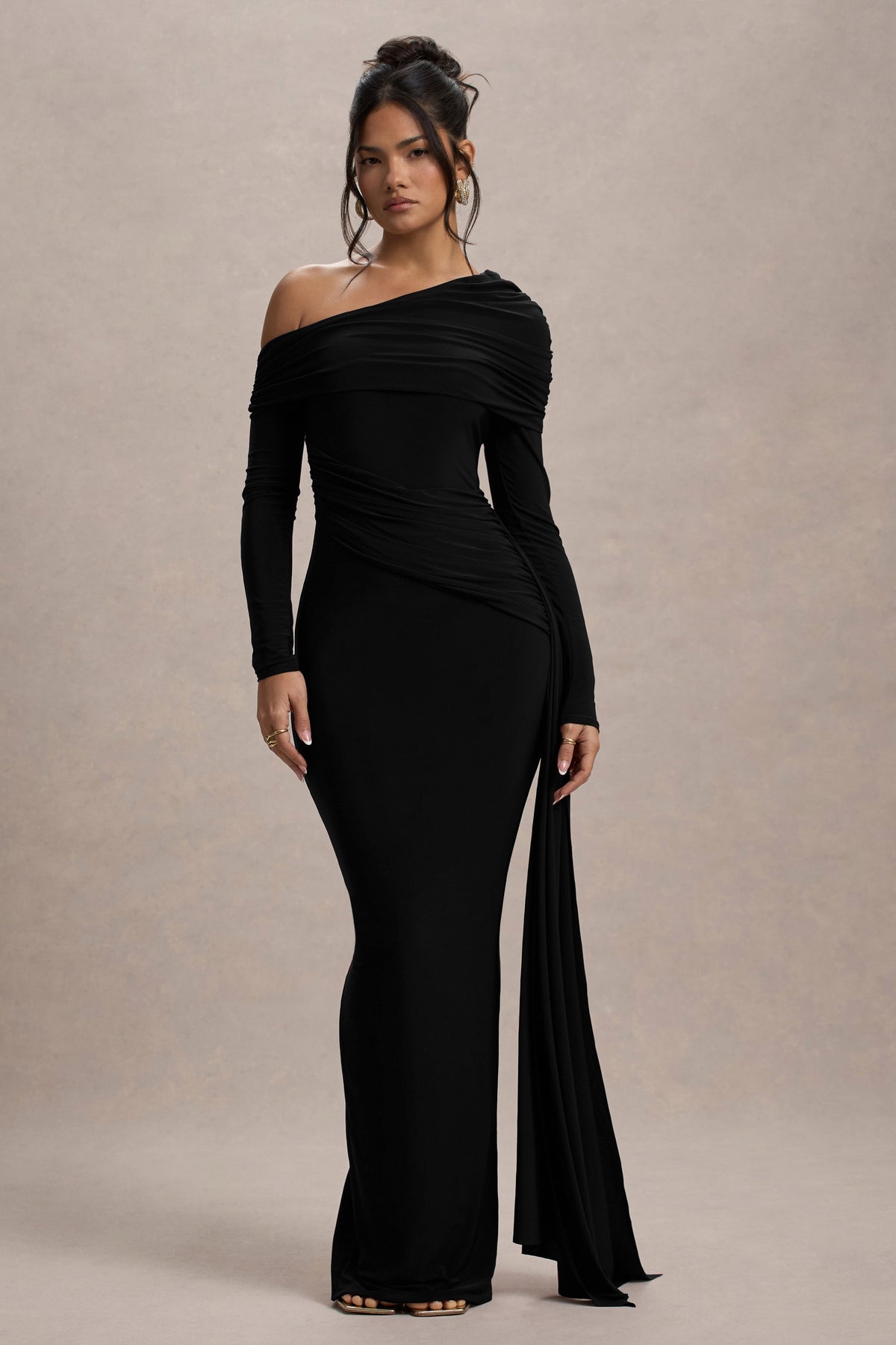 Women’s Evening Gown - Off Shoulder - Long Sleeve - Fitted Silhouette - Side Drape