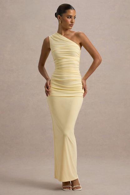 Women’s Evening Gown - One Shoulder - Ruched Fitted Silhouette - Floor Length Formal Wear