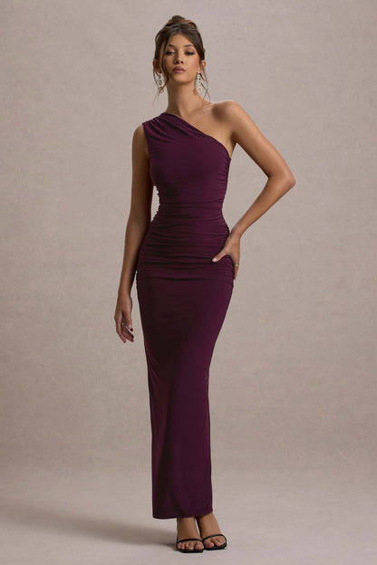 Women’s Evening Gown - One Shoulder - Floor Length - Ruched Waist - Slim Fit Formal Wear