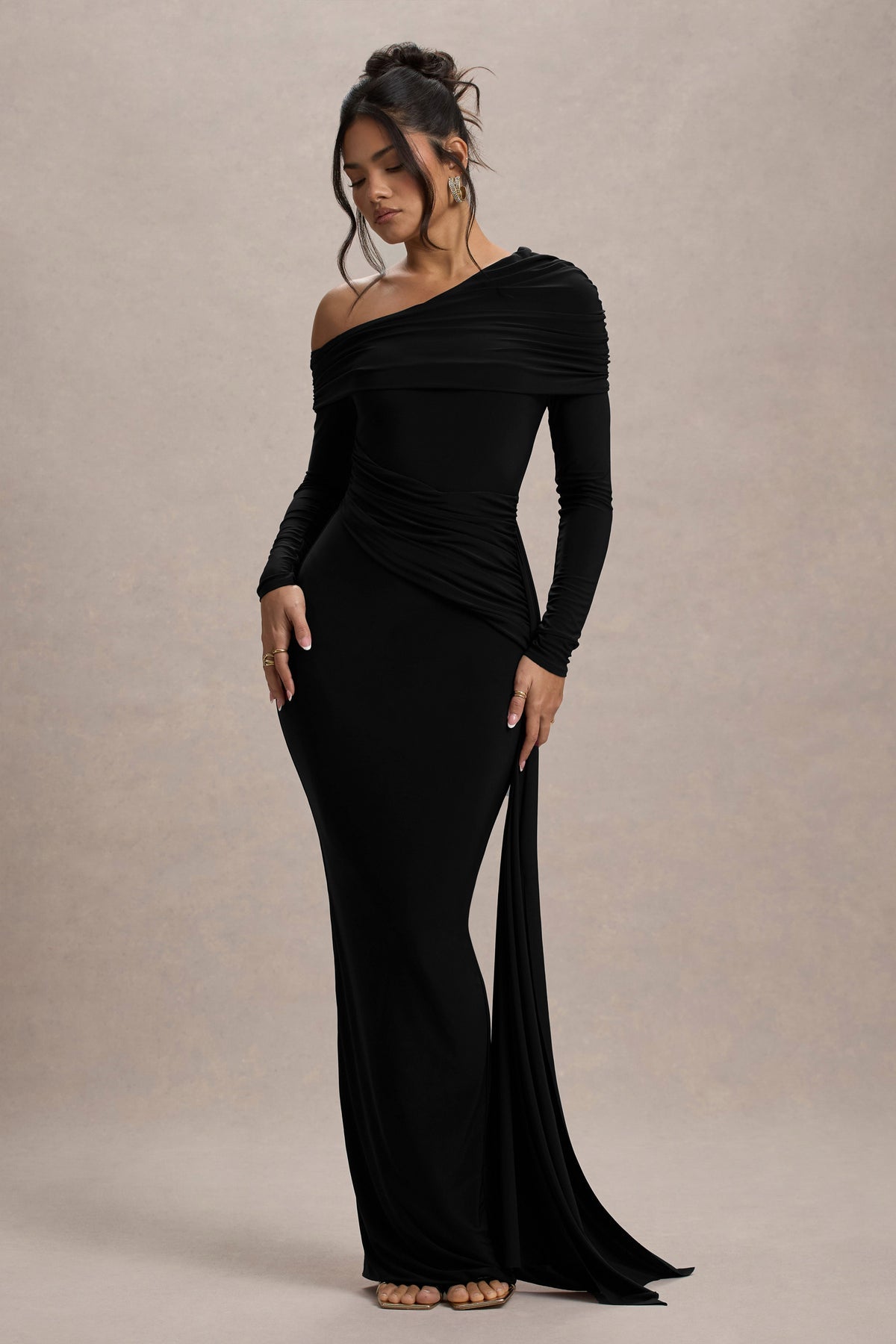 Women’s Evening Gown - One Shoulder - Long Sleeve - Draped Neckline - Fitted Silhouette
