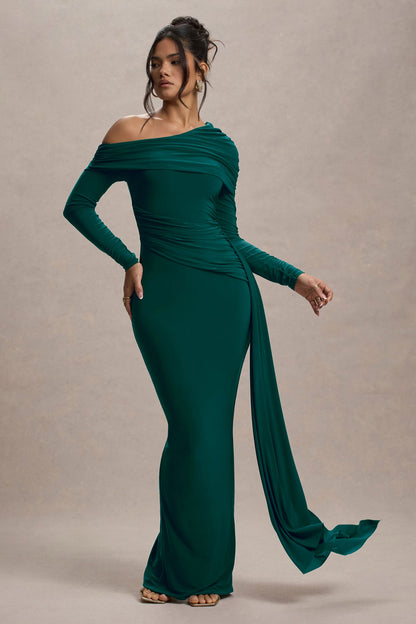 Women’s Evening Gown - One Shoulder - Long Sleeve - Draped Neckline - Fitted Silhouette