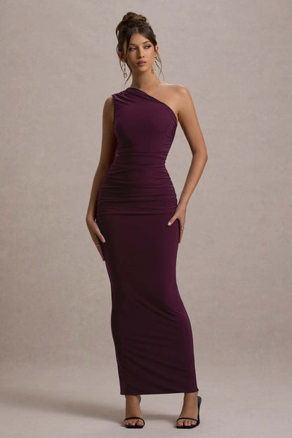 Women’s Evening Gown - One Shoulder - Floor Length - Ruched Waist - Slim Fit Formal Wear