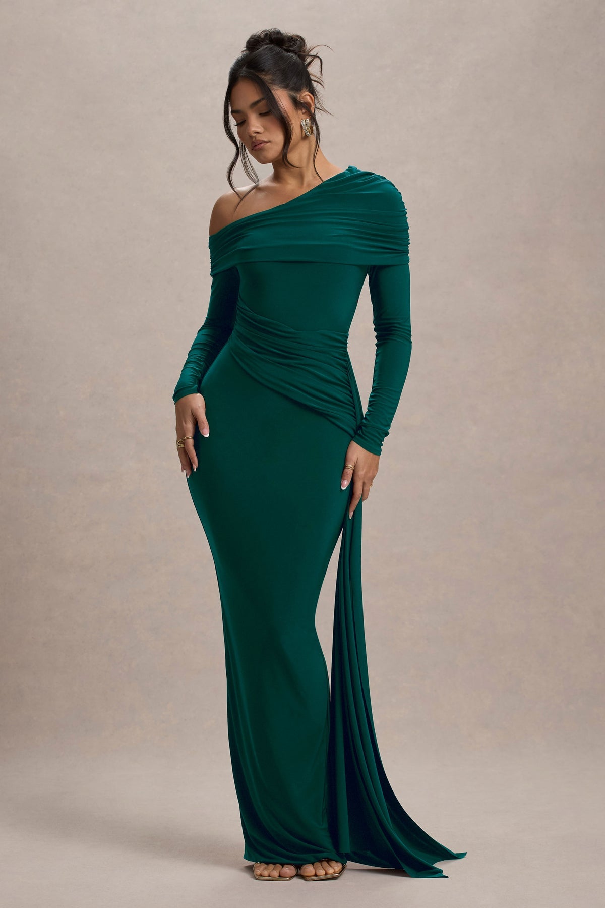 Women’s Evening Gown - One Shoulder - Long Sleeve - Draped Neckline - Fitted Silhouette