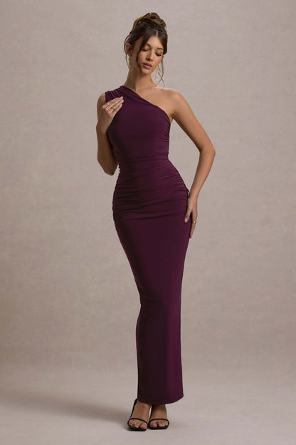Women’s Evening Gown - One Shoulder - Floor Length - Ruched Waist - Slim Fit Formal Wear