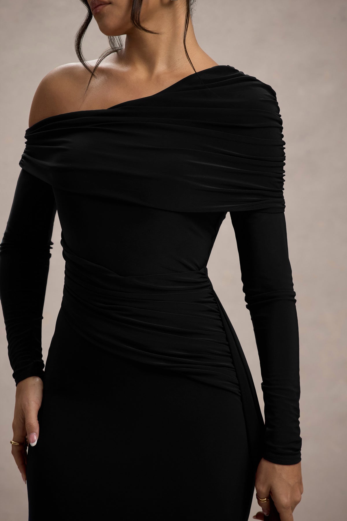 Women’s Evening Gown - One Shoulder - Long Sleeve - Draped Neckline - Fitted Silhouette