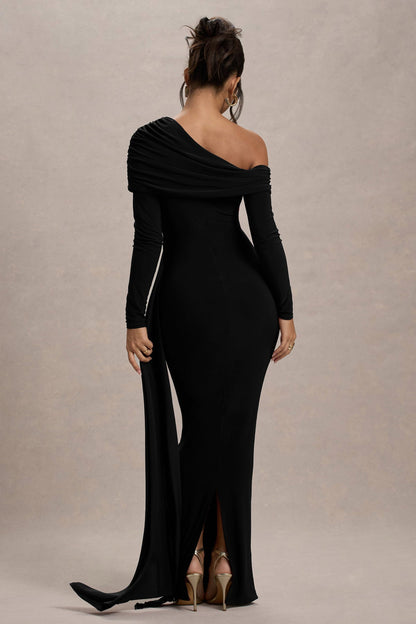 Women’s Evening Gown - One Shoulder - Long Sleeve - Draped Neckline - Fitted Silhouette