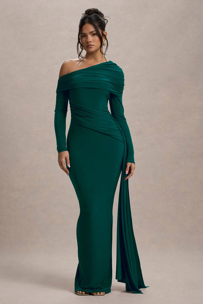 Women’s Evening Gown - Off Shoulder - Long Sleeve - Fitted Silhouette - Side Drape