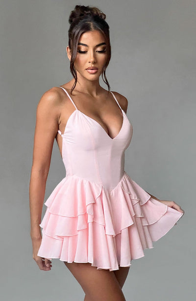 Women’s Mini Dress - Plunging V-Neck - Spaghetti Straps - Tiered Ruffle Skirt - Fitted Waist