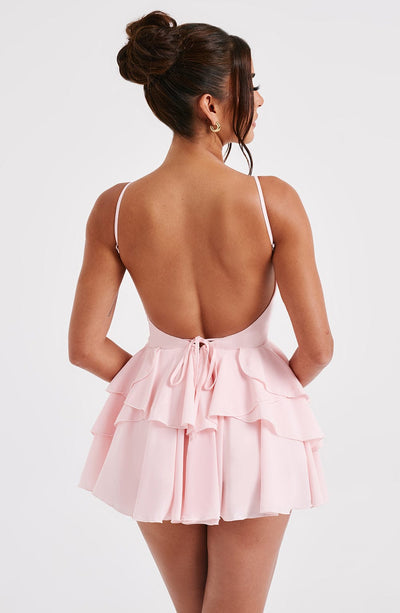 Women’s Mini Dress - Plunging V-Neck - Spaghetti Straps - Tiered Ruffle Skirt - Fitted Waist