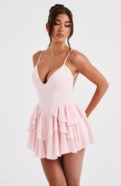 Women’s Mini Dress - Plunging V-Neck - Spaghetti Straps - Tiered Ruffle Skirt - Fitted Waist