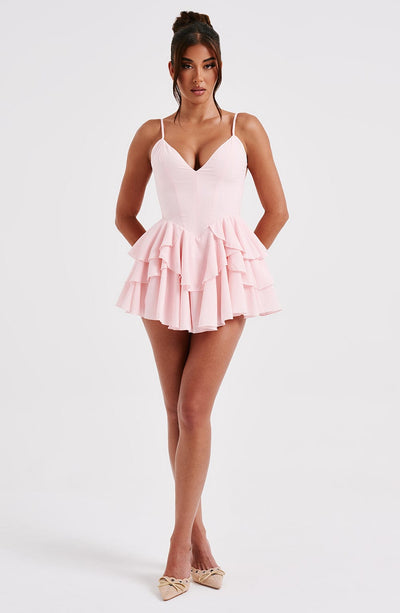 Women’s Mini Dress - Plunging V-Neck - Spaghetti Straps - Tiered Ruffle Skirt - Fitted Waist
