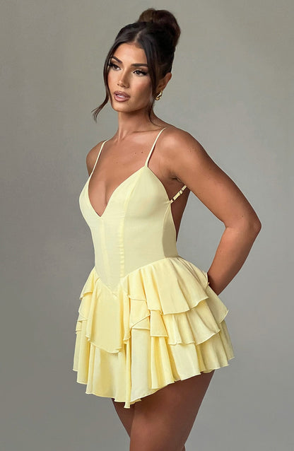 Women’s Mini Dress - Plunging Neckline - Spaghetti Straps - Ruffle Skirt Elegant Fit