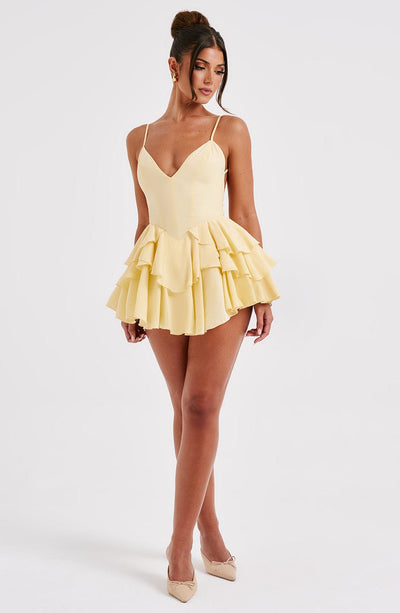 Women’s Mini Dress - Plunging Neckline - Spaghetti Straps - Ruffle Skirt Elegant Fit
