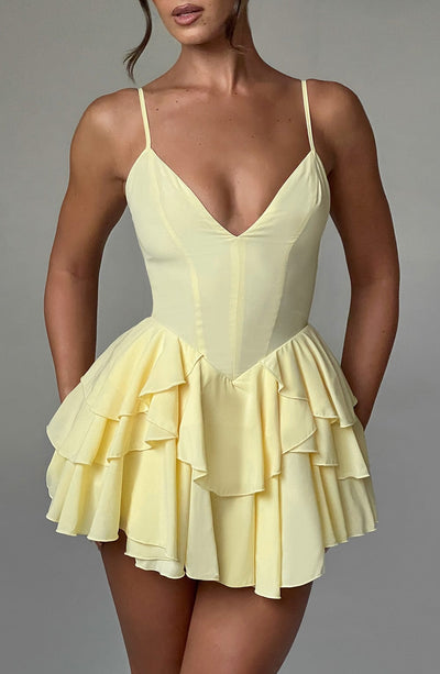 Women’s Mini Dress - Plunging Neckline - Spaghetti Straps - Ruffle Skirt Elegant Fit